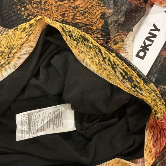 DKNY Mock Neck Long Sleeve Mesh Top. Brown, rust, gold with black shell. Large - Picture 5 of 5